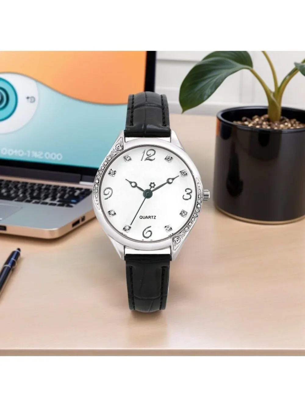Women's Silver Analog Quartz Leather Band Crystal Rhinestone Bezel Wrist Watch